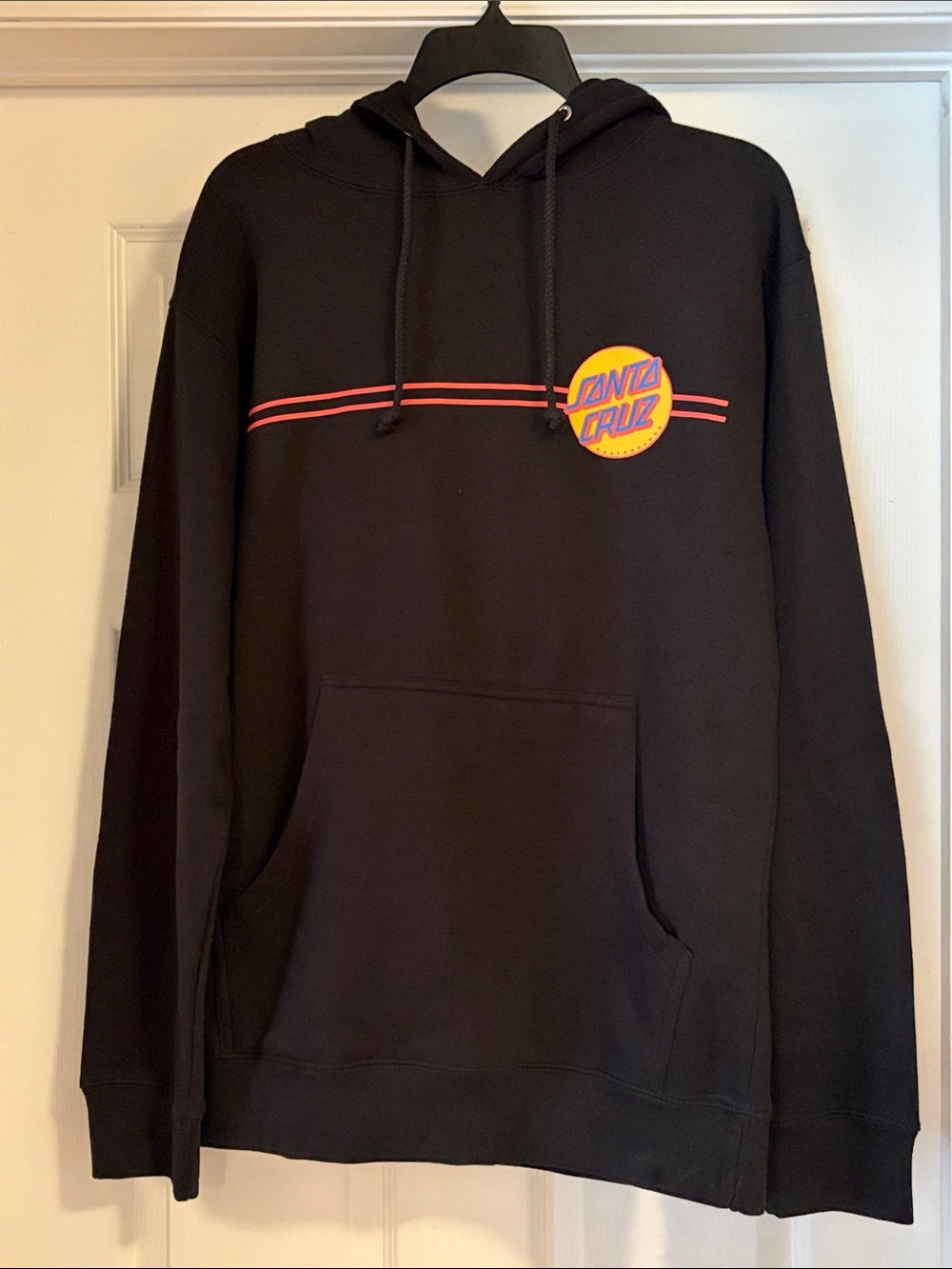 Santa Cruz Skateboards Black Hoodie with Yellow & Orange Logo Stripe
